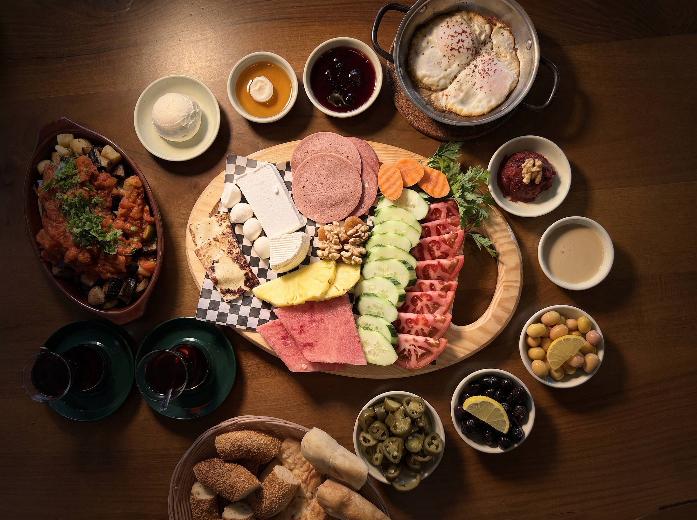 An overhead spread of the full Turkish breakfast at Öze's: a wooden board of cheeses, cold cuts, fresh vegetables and walnuts surrounded by bowls of olives, honey, jam, tahini, fried eggs and cay glasses.