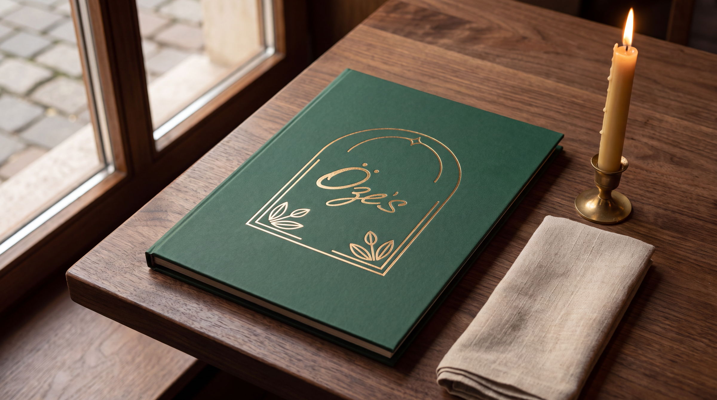 The Öze's Cafe menu book in deep green with the gold arch logo foil-stamped on its cover, lying on a walnut table beside a lit candle and a folded linen napkin.