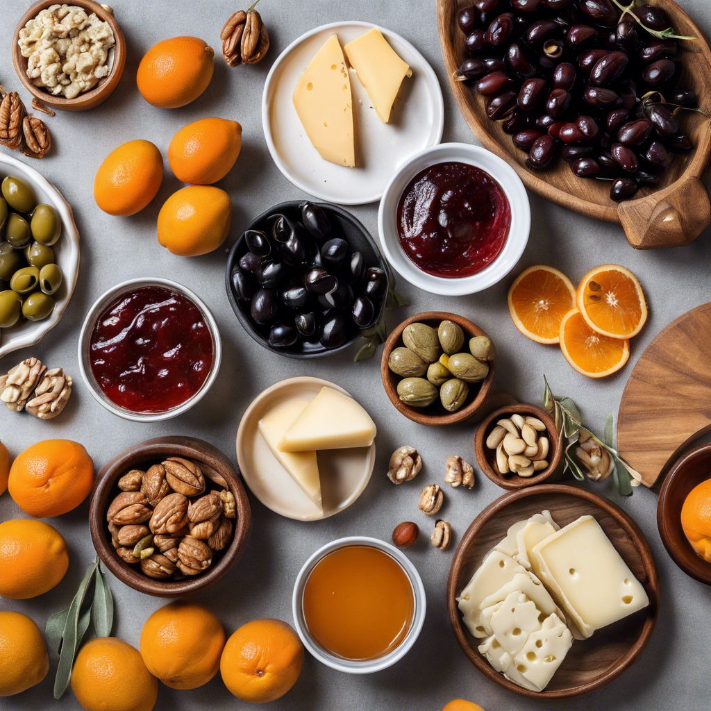 A flat-lay of mezze: olives, jams, honey, walnuts, cheese and citrus.